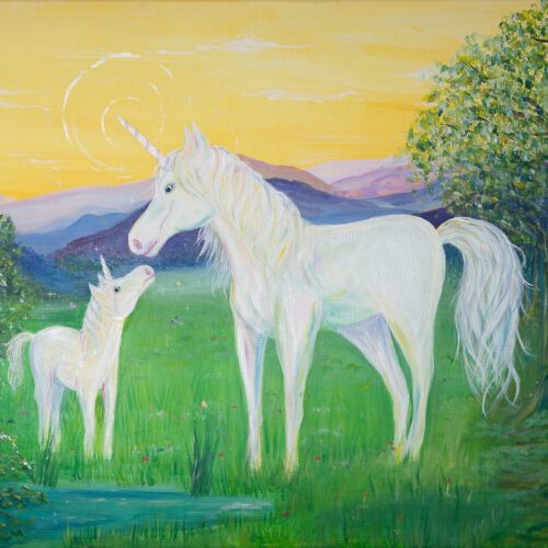 original gemaelde acryl einhorn mutter mit kind