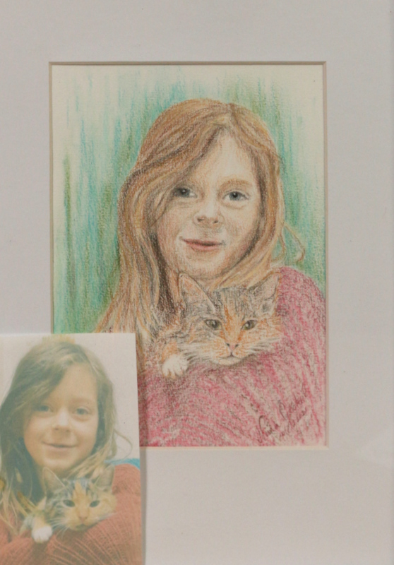 buntstift portrait kind mit katze nora luna