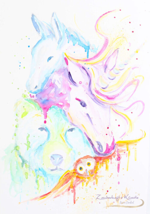 aquarell krafttiere esel einhorn baer waldkautz auftrag nina goeckel verkauft