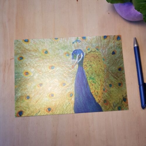 postkarte krafttier pfau vorne metallic a zauberhafte kuenste