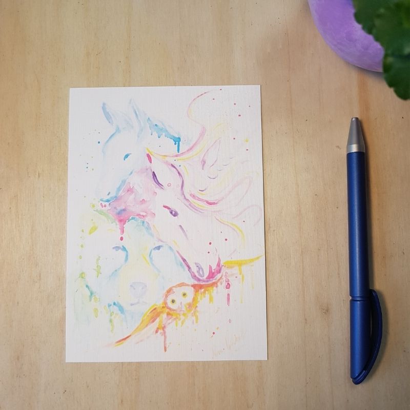 Postkarte "Krafttiere" - Sonderedition 6 postkarte krafttiere esel einhorn baer waldkauz vorne a zauberhafte kuenste